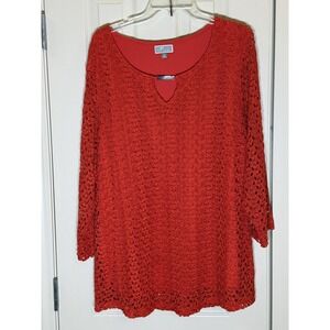 JM Collection Crochet Tunic Women 3X Red‎ Excellent Keyhole 3/4 Sleeve Blouse